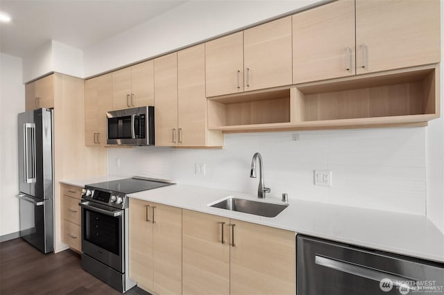 11903 NE 128th St Unit 205, Kirkland, WA 98034 - kitchen featuring stainless steel appliances, light brown cabinets, open shelves, and dark wood-style floors