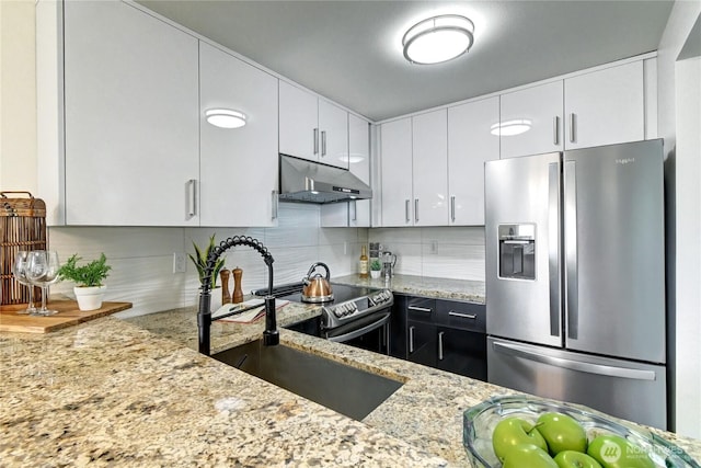 5000 Lake Washington Blvd NE Unit B201, Renton, WA 98056 - kitchen featuring appliances with stainless steel finishes, under cabinet range hood, decorative backsplash, and light stone countertops