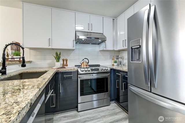 5000 Lake Washington Blvd NE Unit B201, Renton, WA 98056 - kitchen with stainless steel appliances, ventilation hood, white cabinetry, decorative backsplash, and light stone counters