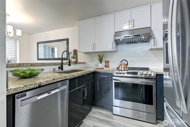 5000 Lake Washington Blvd NE Unit B201, Renton, WA 98056 - kitchen with stainless steel appliances, extractor fan, white cabinetry, backsplash, and light stone counters