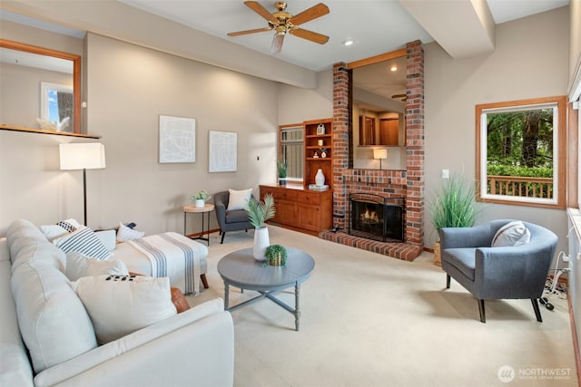 1805 179th Pl NE, Bellevue, WA 98008 - living area featuring ceiling fan, carpet flooring, healthy amount of natural light, recessed lighting, and a fireplace