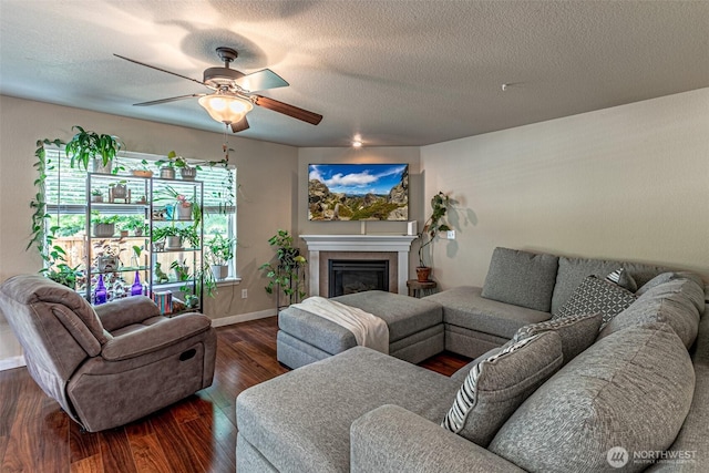 5003 Madison Heights Ct SE, Olympia, WA 98501 - living room featuring wood finished floors, ceiling fan, a glass covered fireplace, and a textured ceiling