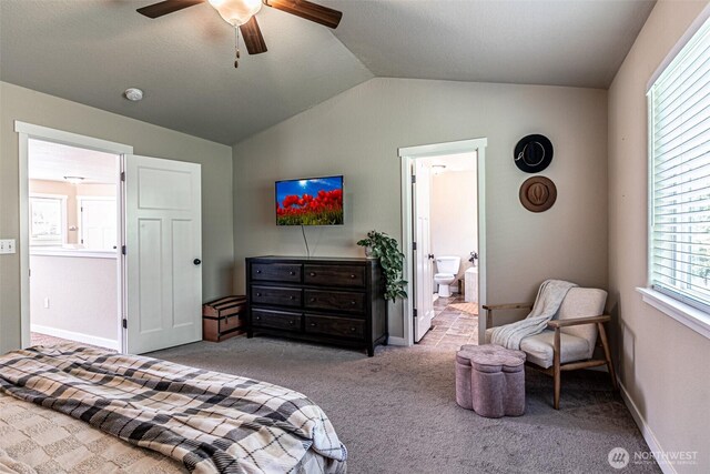 5003 Madison Heights Ct SE, Olympia, WA 98501 - carpeted bedroom featuring vaulted ceiling, ensuite bathroom, and a ceiling fan