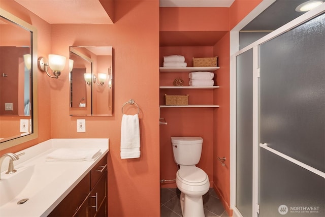 1234 Taylor Ave N Unit 401, Seattle, WA 98109 - full bathroom with vanity, a stall shower, and tile patterned floors