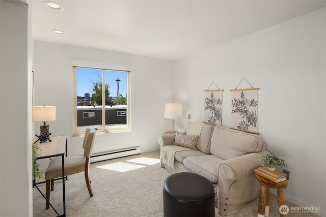 1234 Taylor Ave N Unit 401, Seattle, WA 98109 - living area with baseboard heating, carpet floors, and recessed lighting