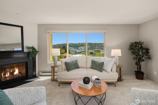 1234 Taylor Ave N Unit 401, Seattle, WA 98109 - carpeted living area with a baseboard radiator and a fireplace with flush hearth