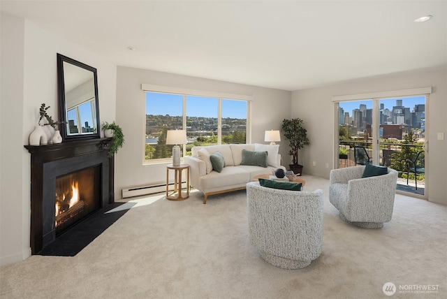 1234 Taylor Ave N Unit 401, Seattle, WA 98109 - living area with a baseboard heating unit, carpet floors, a fireplace with flush hearth, and a skyline view