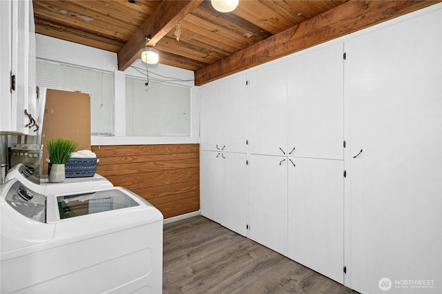 16654 SE 26th Pl, Bellevue, WA 98008 - laundry room featuring wood ceiling, cabinet space, wood finished floors, and washer and dryer
