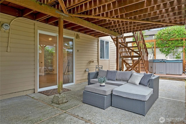 16654 SE 26th Pl, Bellevue, WA 98008 - view of patio / terrace featuring a hot tub, outdoor lounge area, and stairs