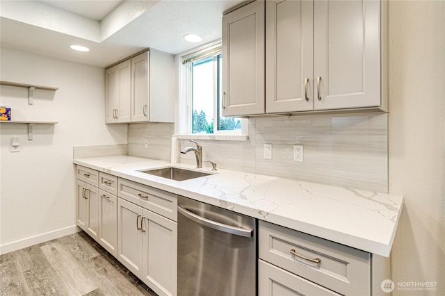 60 Crystal Ct, Sequim, WA 98382 - kitchen featuring stainless steel dishwasher, tasteful backsplash, light wood-type flooring, light stone countertops, and open shelves