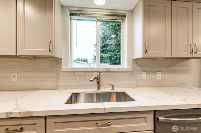 60 Crystal Ct, Sequim, WA 98382 - kitchen with stainless steel dishwasher, backsplash, and light stone countertops