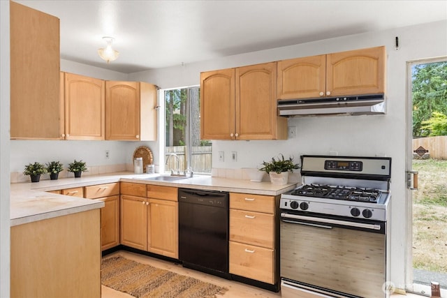 527 N 155th St, Shoreline, WA 98133 - kitchen featuring dishwasher, stainless steel range with gas stovetop, under cabinet range hood, light brown cabinetry, and plenty of natural light