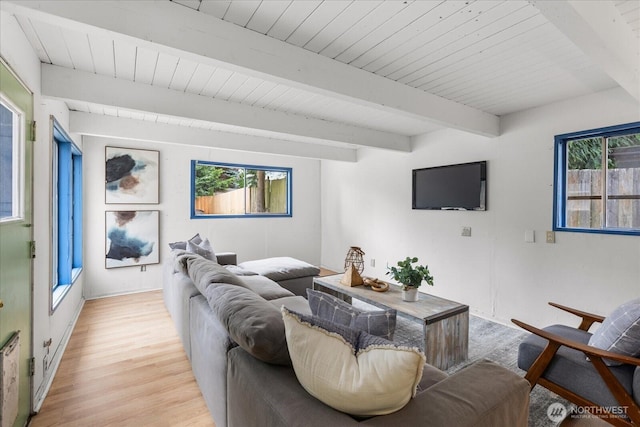 527 N 155th St, Shoreline, WA 98133 - living room with light wood-style flooring and a wooden ceiling with exposed beams