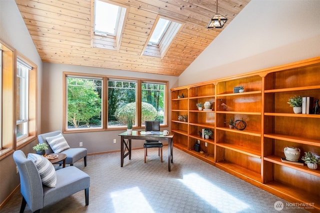 2327 31st Ave NW, Olympia, WA 98502 - carpeted office space with lofted ceiling, a skylight, and wood ceiling