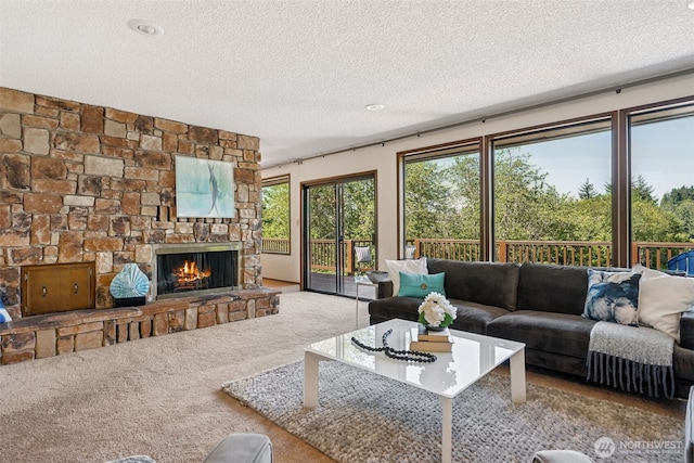 5415 Johnson Point Rd NE, Olympia, WA 98516 - living area featuring a textured ceiling, carpet, and a fireplace