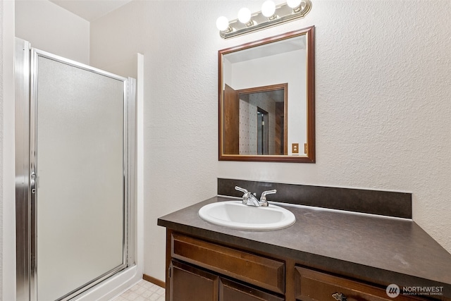 5415 Johnson Point Rd NE, Olympia, WA 98516 - full bath with a stall shower, vanity, and a textured wall