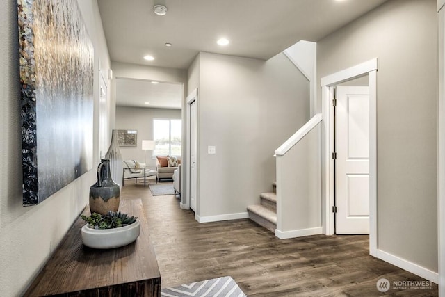28003 74th Ave NW Unit 33, Stanwood, WA 98292 - foyer with wood finished floors, stairway, and recessed lighting