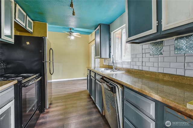11846 SE 170th Pl, Renton, WA 98258 - kitchen featuring black range with electric cooktop, stainless steel dishwasher, dark wood finished floors, backsplash, and a ceiling fan