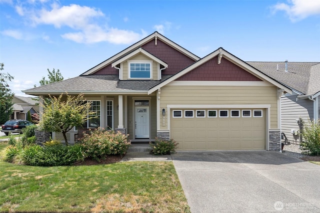 9647 6th Way SE, Lacey, WA 98513 - craftsman inspired home featuring concrete driveway, a garage, stone siding, a front yard, and roof with shingles