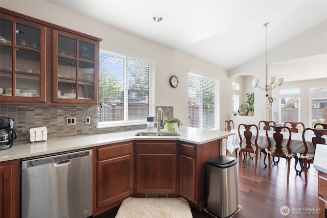 9647 6th Way SE, Lacey, WA 98513 - kitchen featuring dishwasher, a chandelier, light countertops, vaulted ceiling, and plenty of natural light