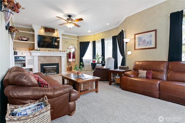 302 S Washington, Everson, WA 98247 - carpeted living area with ceiling fan, ornamental molding, and a tiled fireplace