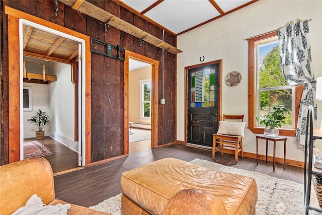 1814 Wilson Ave, Bellingham, WA 98225 - foyer entrance featuring a baseboard heating unit, plenty of natural light, wood finished floors, and a barn door