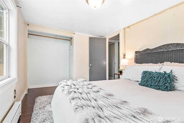 1814 Wilson Ave, Bellingham, WA 98225 - bedroom with a baseboard radiator, dark wood-style floors, and a closet