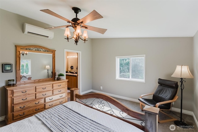 3148 Mountain View Rd, Ferndale, WA 98248 - carpeted bedroom featuring a wall unit AC, connected bathroom, and a ceiling fan