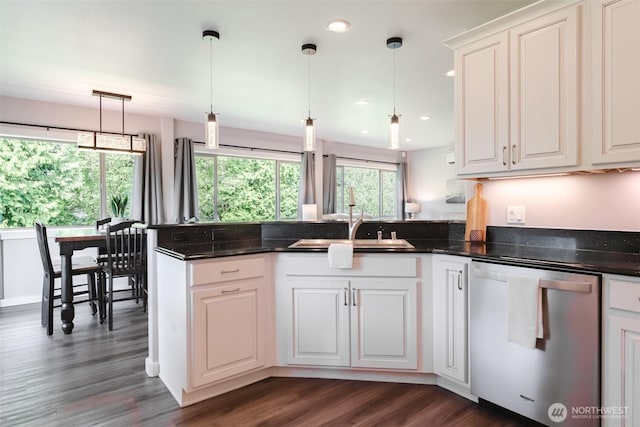 3148 Mountain View Rd, Ferndale, WA 98248 - kitchen with stainless steel dishwasher, a peninsula, dark wood-style flooring, hanging light fixtures, and recessed lighting