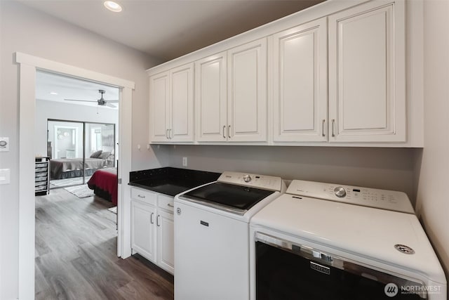 3148 Mountain View Rd, Ferndale, WA 98248 - washroom featuring cabinet space, washer and clothes dryer, dark wood-style floors, recessed lighting, and a ceiling fan