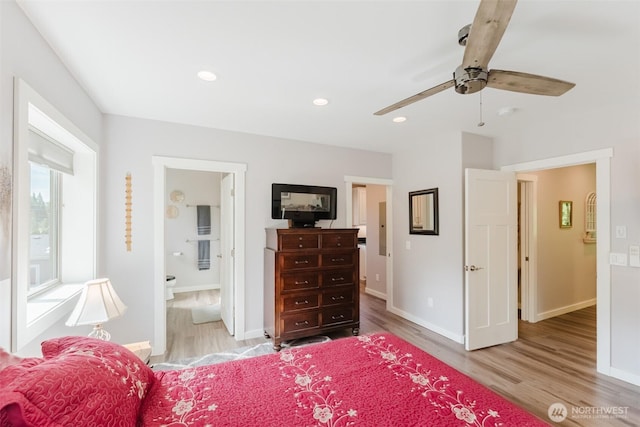 3148 Mountain View Rd, Ferndale, WA 98248 - bedroom with light wood-style flooring, connected bathroom, recessed lighting, and a ceiling fan