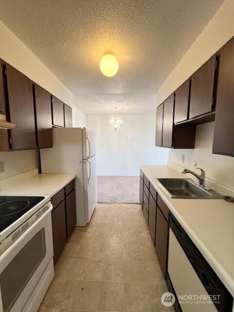 4540 8th Ave NE Unit 903, Seattle, WA 98105 - kitchen featuring white appliances, a chandelier, a textured ceiling, light countertops, and ventilation hood