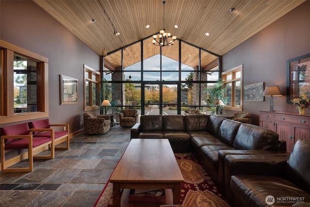 512 Darby Dr Unit 213, Bellingham, WA 98226 - living area with high vaulted ceiling, wood ceiling, recessed lighting, and stone finish floors