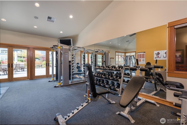 512 Darby Dr Unit 213, Bellingham, WA 98226 - gym with french doors, recessed lighting, carpet floors, and high vaulted ceiling