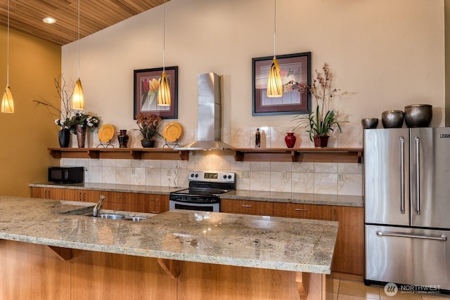 512 Darby Dr Unit 213, Bellingham, WA 98226 - kitchen with appliances with stainless steel finishes, brown cabinetry, wall chimney exhaust hood, open shelves, and wooden ceiling
