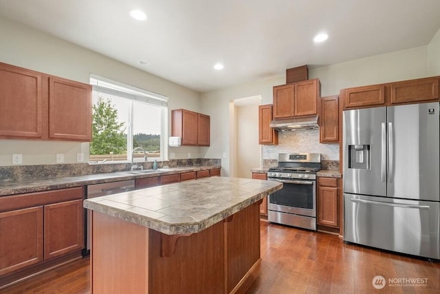 1353 32nd Pl NE, Auburn, WA 98002 - kitchen with stainless steel appliances, under cabinet range hood, a center island, dark wood-style flooring, and recessed lighting