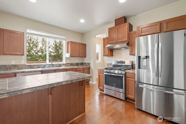 1353 32nd Pl NE, Auburn, WA 98002 - kitchen featuring appliances with stainless steel finishes, under cabinet range hood, dark wood-style flooring, decorative backsplash, and recessed lighting