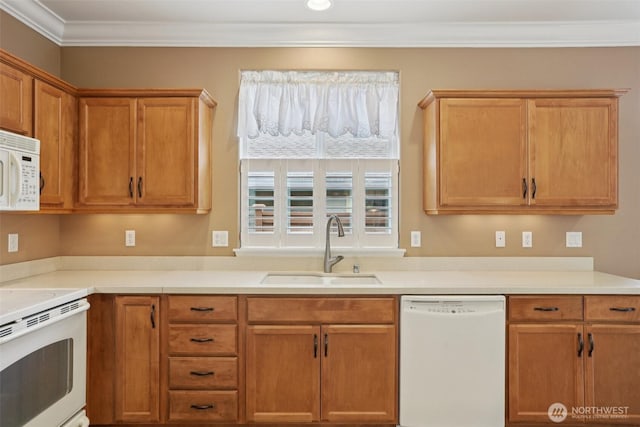 4826 Bend Dr NE, Lacey, WA 98516 - kitchen with white appliances, ornamental molding, light countertops, and brown cabinetry