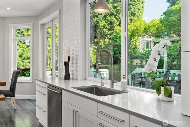 1416 2nd St, Kirkland, WA 98033 - kitchen with light countertops, wood finished floors, white cabinetry, and dishwasher