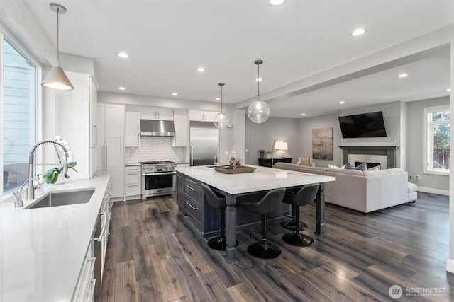 1416 2nd St, Kirkland, WA 98033 - kitchen featuring high end appliances, under cabinet range hood, dark wood finished floors, white cabinetry, and recessed lighting