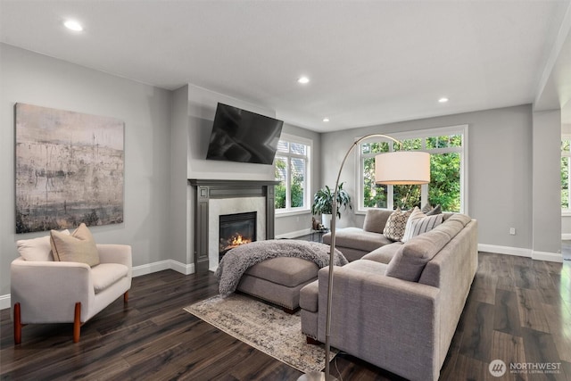 1416 2nd St, Kirkland, WA 98033 - living room with a fireplace, recessed lighting, and dark wood finished floors