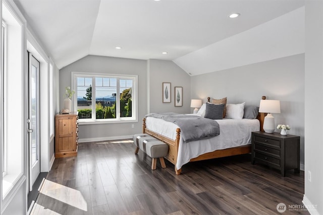 1416 2nd St, Kirkland, WA 98033 - bedroom with lofted ceiling, dark wood-style flooring, and recessed lighting