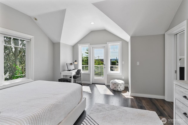 1416 2nd St, Kirkland, WA 98033 - bedroom with vaulted ceiling, dark wood-style flooring, access to outside, recessed lighting, and an office area