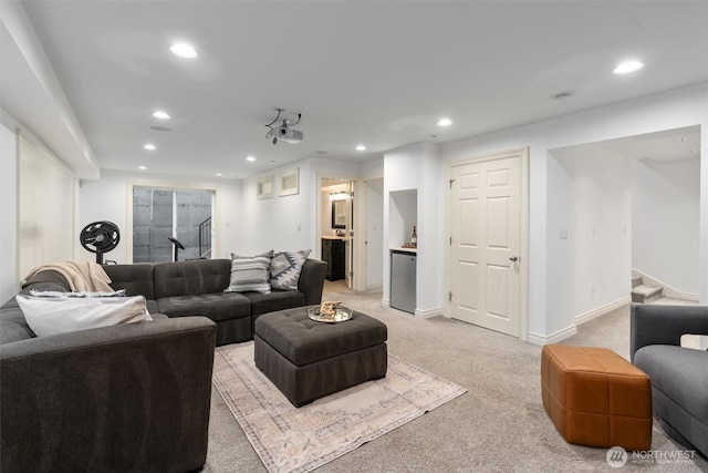 1416 2nd St, Kirkland, WA 98033 - living room featuring recessed lighting, light carpet, and stairway