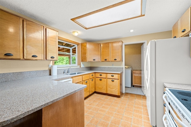 7523 13th Ave SE, Lacey, WA 98503 - kitchen with washer / clothes dryer, recessed lighting, light tile patterned flooring, and white electric range oven