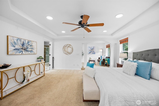 1402 180th Ave E, Lake Tapps, WA 98391 - bedroom featuring a tray ceiling, recessed lighting, carpet, and ceiling fan