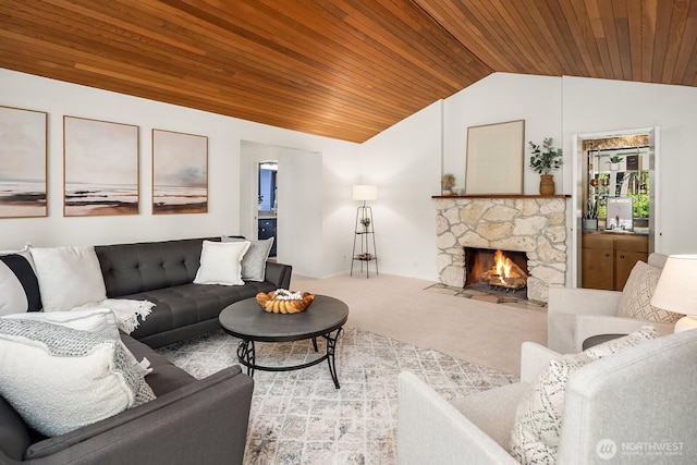 23350 SE 22nd St, Sammamish, WA 98075 - living area with wood ceiling, vaulted ceiling, a fireplace, and carpet floors