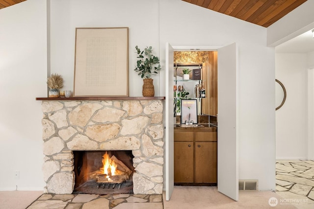 23350 SE 22nd St, Sammamish, WA 98075 - detailed view of carpet flooring, wood ceiling, and a fireplace