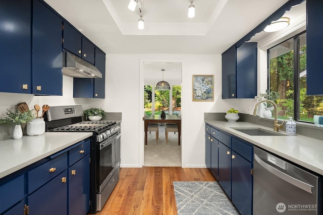 23350 SE 22nd St, Sammamish, WA 98075 - kitchen with stainless steel appliances, under cabinet range hood, a tray ceiling, blue cabinets, and light wood finished floors