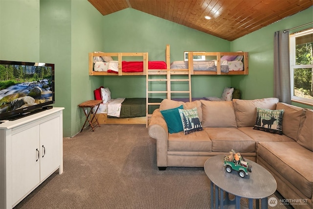 61 Tom And Nita Rd, Cle Elum, WA 98922 - living room featuring lofted ceiling, carpet floors, and wood ceiling